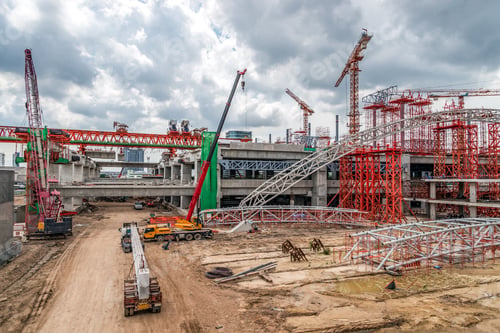 Preview: Construction Cranes Working on Expressway and Skytrain Site in Asia