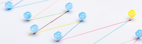 Preview: close up view of colorful connected drawn lines with pins, connection and leadership concept