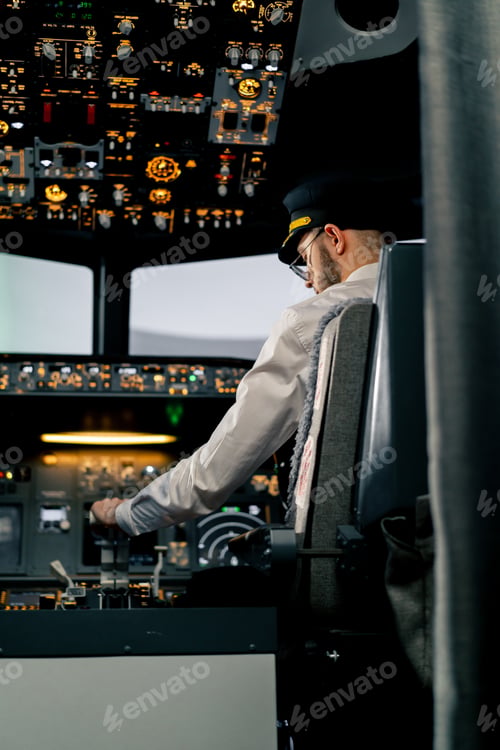 Preview: Airplane pilot controls throttle during flight or takeoff Cockpit view air traffic control