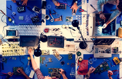 Preview: Aerial view of electronics technicians team working on computer