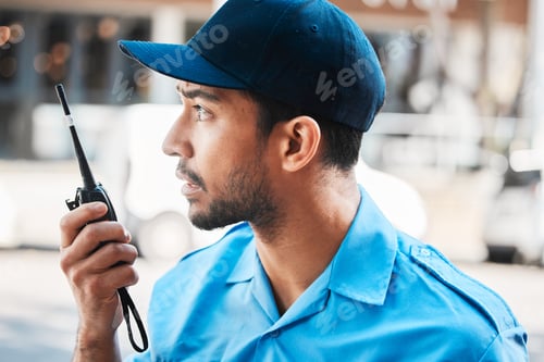 Preview: Security guard, safety officer or man on walkie talkie on a street for protection, patrol or watch.