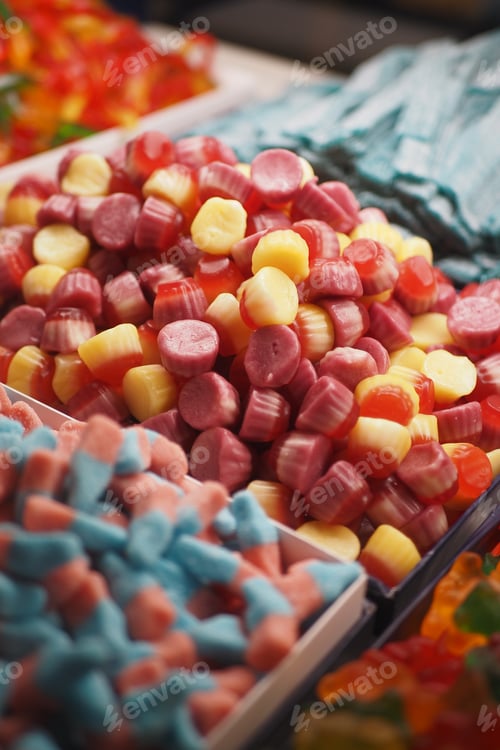 Preview: Mixed colorful jelly, gummy candies display for sales