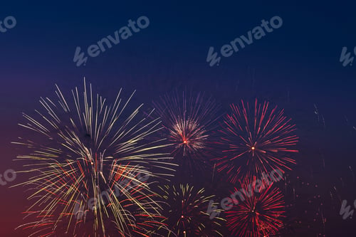 Preview: Colorful fireworks on night sky background.