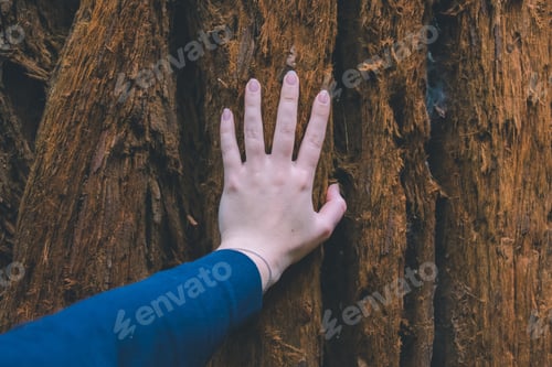 Preview: Touching a tree in nature harmony with woods forest background human hand space for copy outdoors