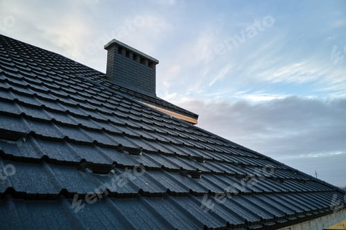 Preview: New Black Tiled Roof with Brick Chimney