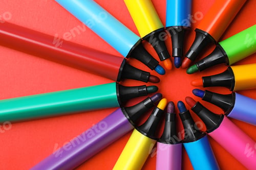 Preview: Flat lay composition with markers on color background. Rainbow palette
