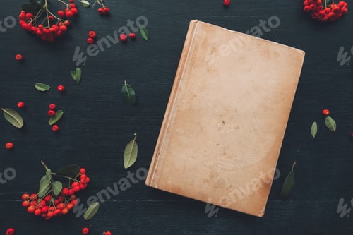 Preview: Flat lay vintage hardcover book, top view