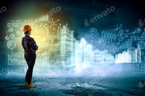 Preview: Back View Of Woman Engineer Looking At Project Sketch