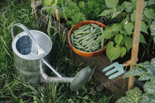Preview: Homestead lifestyle. Watering can and raised garden bed with salad, chard and snap peas