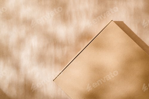 Preview: A plain cardboard box on a textured surface with soft light and shadows during the afternoon