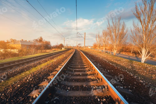 Preview: Industrial landscape with railway station at sunset