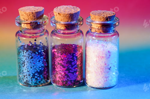 Preview: Close up shot of shiny confetti filled in tiny glass containers isolated on a bright background