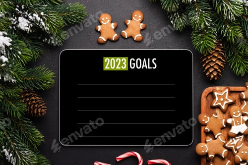 Preview: Tablet with goals, gingerbread cookies and Christmas decor