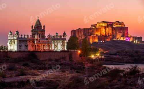 Preview: Mehrangharh Fort and Jaswant Thada mausoleum at sunset, Jodhpur, Rajasthan, India