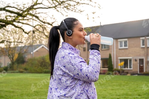 Preview: Healthy woman stretching listening to music at the public park
