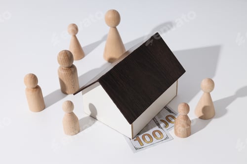 Preview: Wooden house, cash and wooden figures on white background