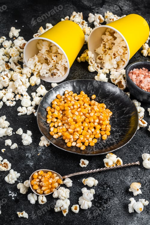 Preview: Buttered Salted popcorn with corn kernel and salt. Black background. Top view