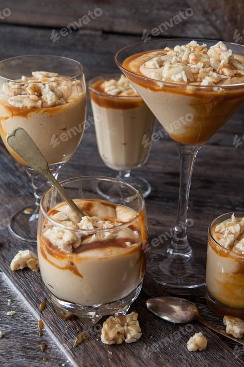 Glasses of Dessert with Caramel and Topping