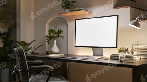 Preview: A white screen computer and decorative item on the wooden table, illuminate with warm lamp light.