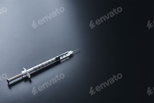 Preview: Medical syringe on the black background, top view with copy space