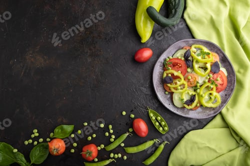 Preview: Vegetarian salad from green pea, tomatoes, pepper and basil on a black concrete background
