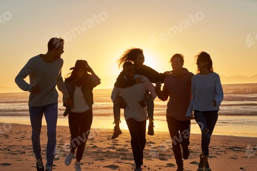 Preview: Silhouette Of Friends Having Fun Running Along Winter Beach