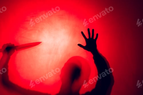 Preview: Composition of silhouette of man holding knife on red background