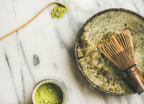 Preview: Japanese tools and bowls for brewing matcha tea, horizontal composition