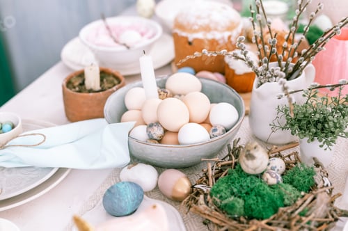 Preview: happy easter and spring holidays time. festive tablescape set decor. traditional dinner food easter