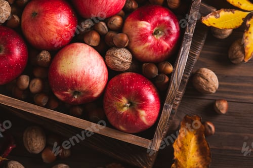 Preview: Close up of red apples and nuts in a box, autumn leaves and a teapot with tea top view