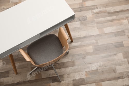 Preview: Stylish empty wooden table and armchair indoors, top view. Space for text