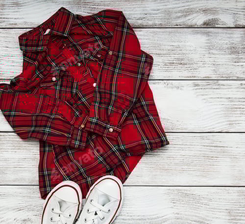 Preview: Red Plaid Shirt and White Sneakers on Wood