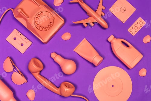 Preview: Objects in orange color arranged on purple background showcasing retro and modern items