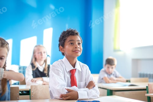 Preview: Portrait of African schoolboy sitting desk in class