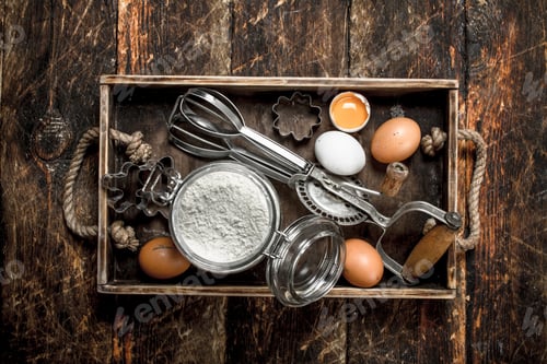 Preview: Baking background. Ingredients for fresh dough.