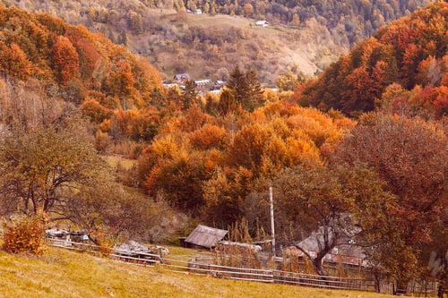 Preview: Golden atmospheric autumn rustic background, ukrainian Carpathians village with houses on the hills
