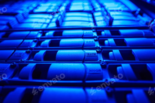 Preview: Shot image of working modern HDD disks in database center