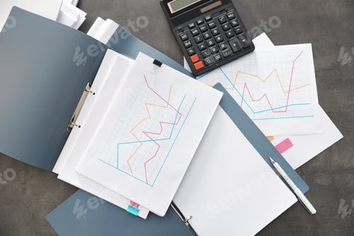 Preview: Folders with documents and calculator on office table, top view