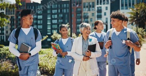 Preview: Medical student, walking and professor with people in outdoor for college, healthcare and teacher.