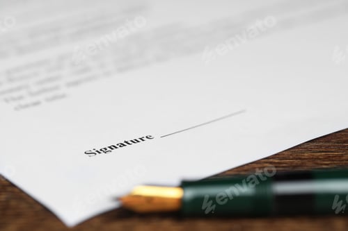Preview: Notary document and fountain pen on wooden table, selective focus