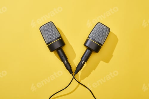 Preview: top view of microphones on bright and colorful background