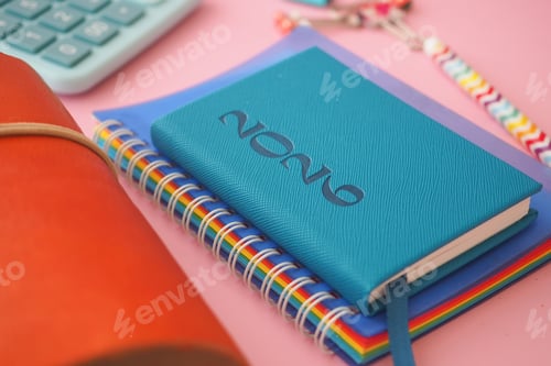 Preview: Notebooks and a calculator on a pink table surface