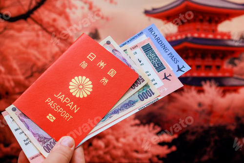 Preview: In Japanese old house background, tourist holds Japanese yen, a Japan passport, tickets