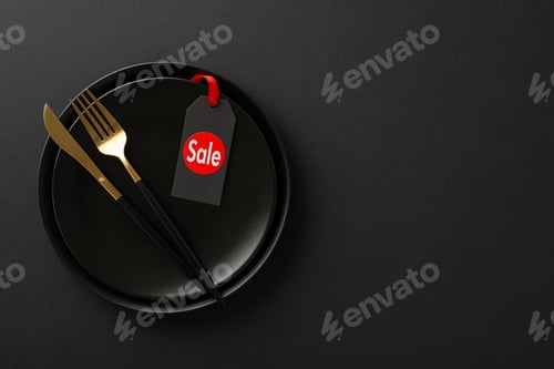 Preview: Exclusive restaurant Black Friday promotion theme. Overhead shot of gourmet dishes