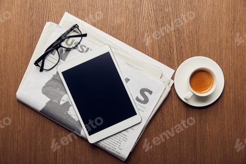 Preview: top view of newspaper near cup with coffee, digital tablet with blank screen and glasses