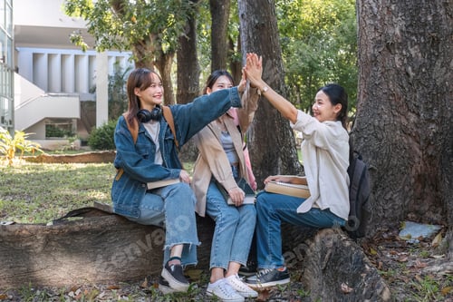 Preview: Group of cheerful Asian college students expressing happiness or friends Laughing together while