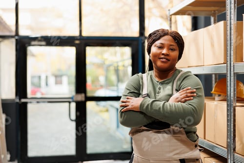 Preview: Smiling stockroom manager standing with arm crossed,