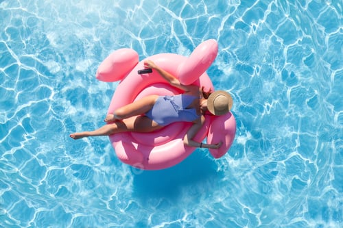 Preview: Woman relaxing on pink flamingo inflatable ring