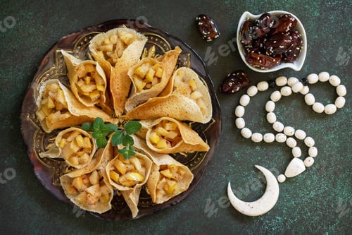Preview: Ramadan kareem festive, fasting, halal food. Ramadan menu, arabian pancake katayef.
