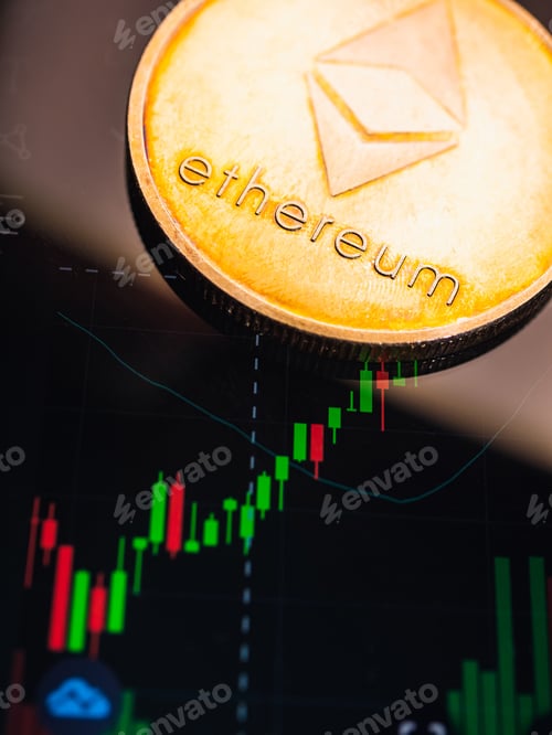 Preview: Ethereum coin with stock graph background. Digital currency concept.